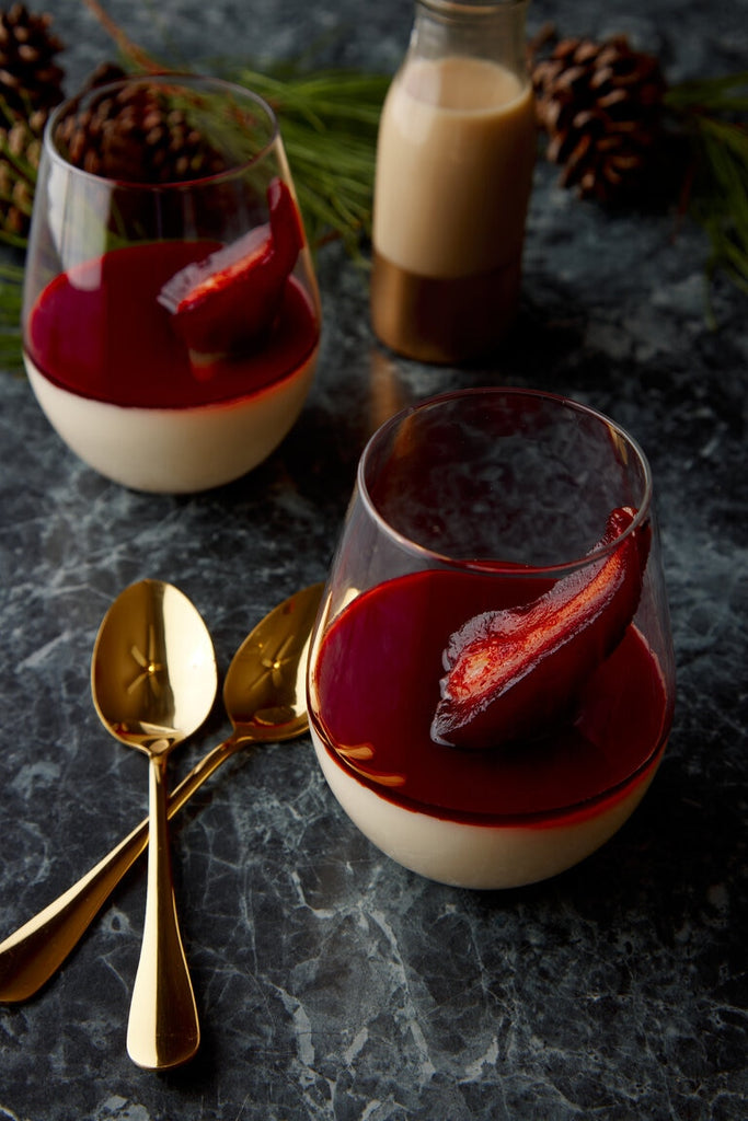 Eggnog Panna Cotta with Wine Poached Pear